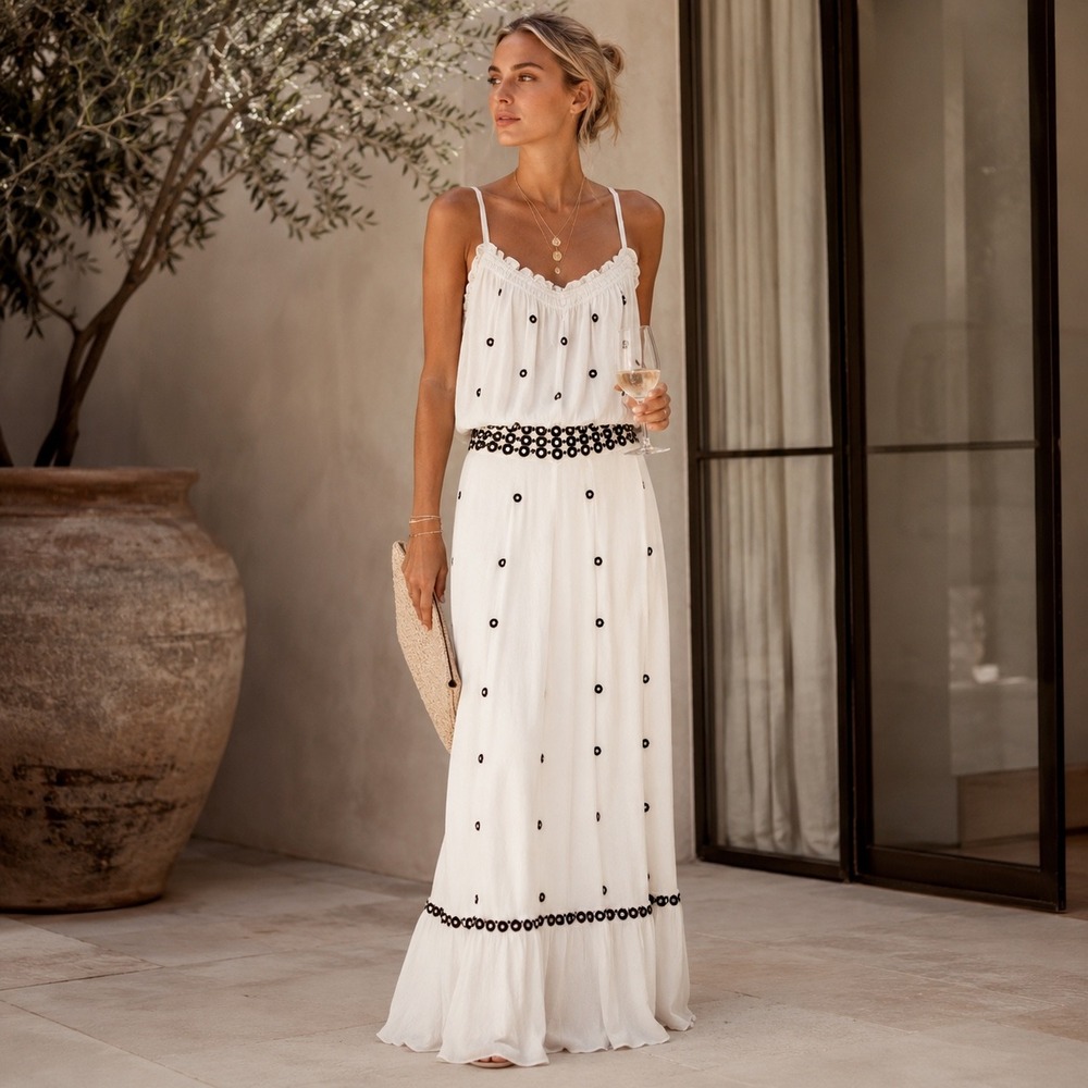 LeifNotes Maxi Dress Women 6 White Black Mirror Embroidered V-Neck Sleeveless